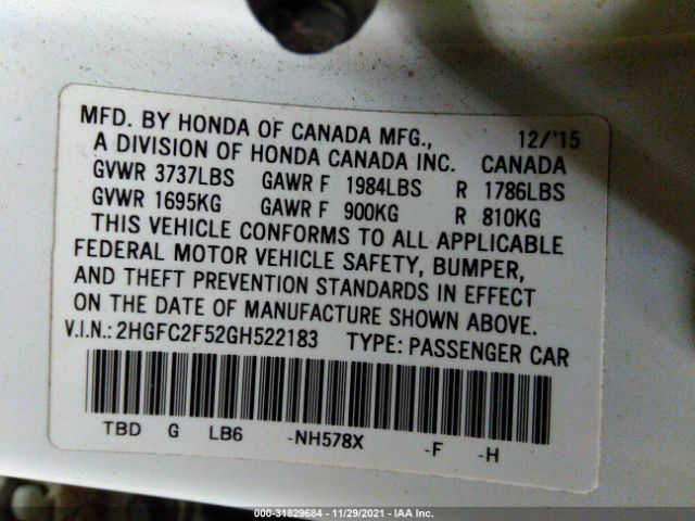 Photo 8 VIN: 2HGFC2F52GH522183 - HONDA CIVIC SEDAN 