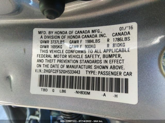 Photo 8 VIN: 2HGFC2F52GH533443 - HONDA CIVIC SEDAN 