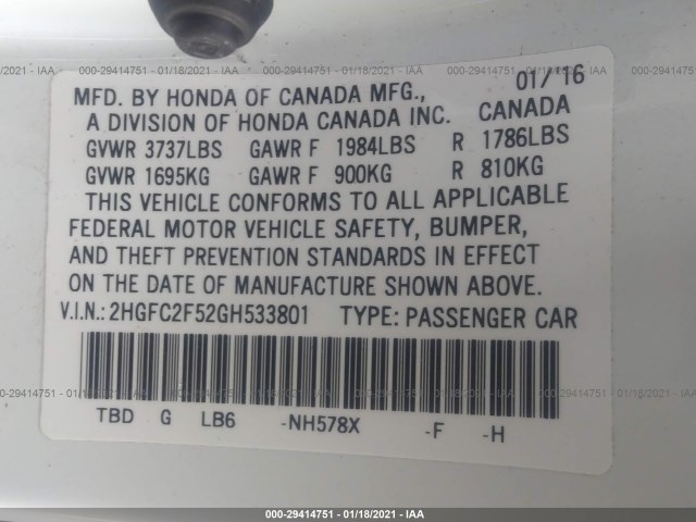 Photo 8 VIN: 2HGFC2F52GH533801 - HONDA CIVIC SEDAN 