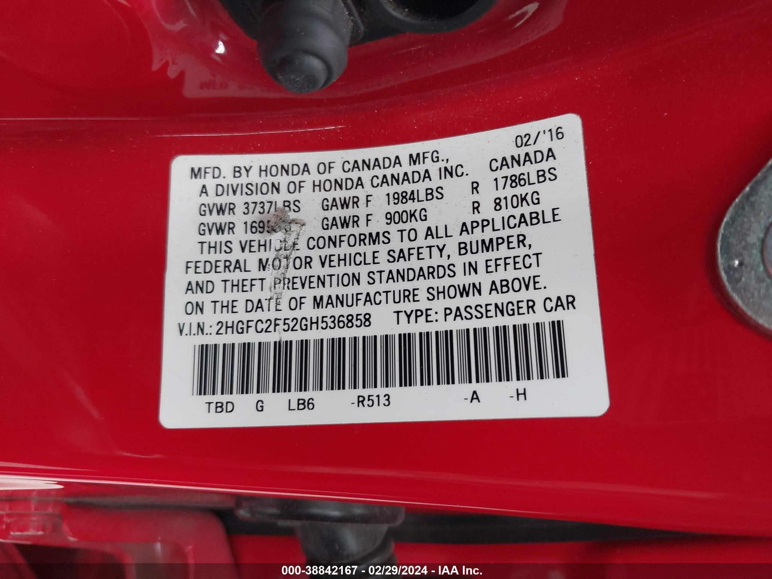 Photo 8 VIN: 2HGFC2F52GH536858 - HONDA CIVIC 