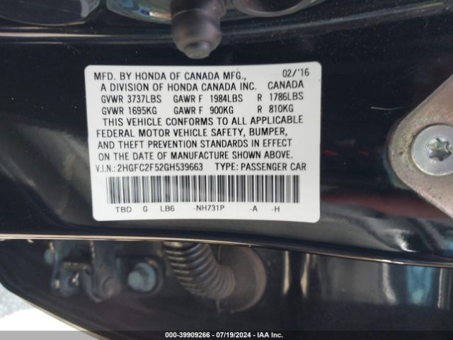 Photo 8 VIN: 2HGFC2F52GH539663 - HONDA CIVIC 