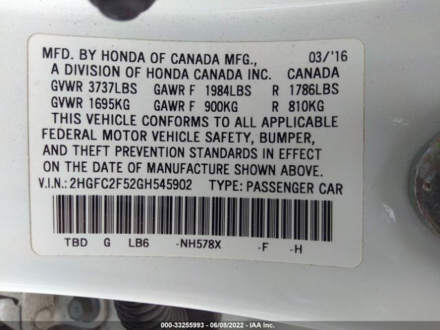 Photo 8 VIN: 2HGFC2F52GH545902 - HONDA CIVIC SEDAN 