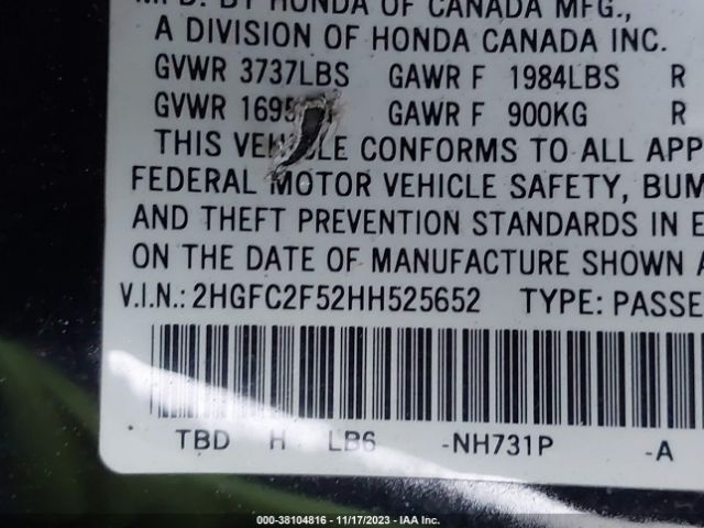 Photo 8 VIN: 2HGFC2F52HH525652 - HONDA CIVIC 