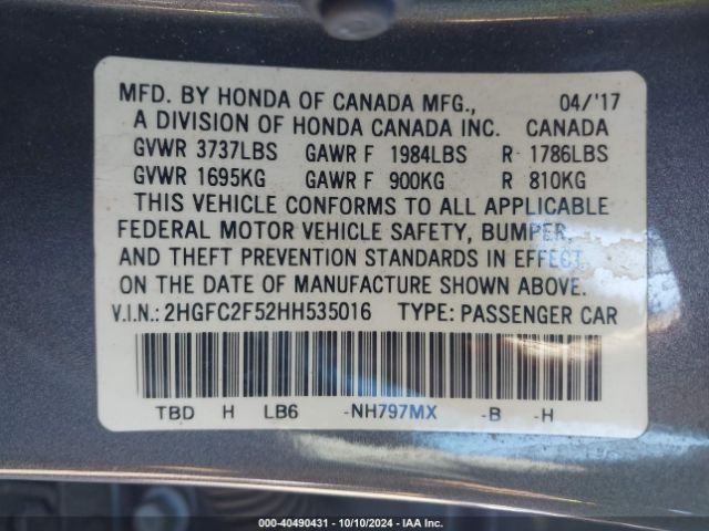 Photo 8 VIN: 2HGFC2F52HH535016 - HONDA CIVIC 