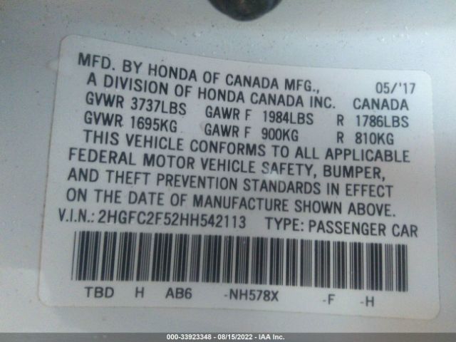 Photo 8 VIN: 2HGFC2F52HH542113 - HONDA CIVIC SEDAN 