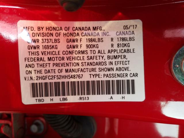 Photo 9 VIN: 2HGFC2F52HH548767 - HONDA CIVIC LX 