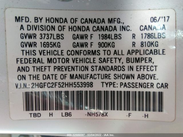 Photo 8 VIN: 2HGFC2F52HH553998 - HONDA CIVIC SEDAN 