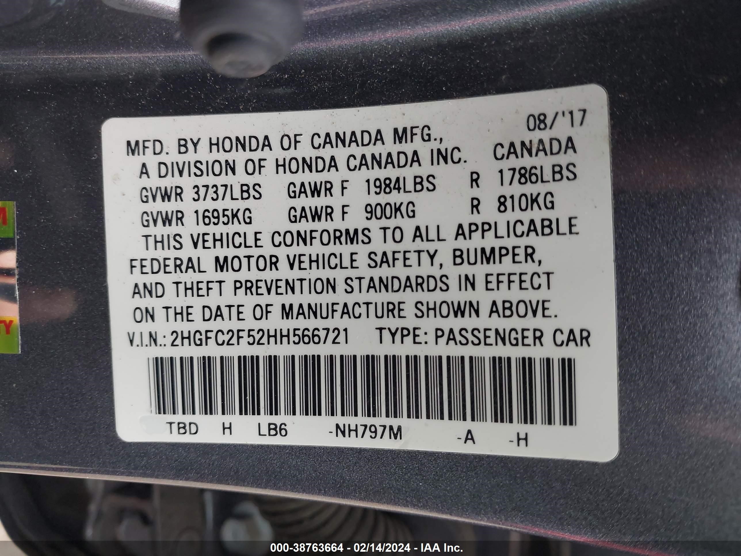 Photo 8 VIN: 2HGFC2F52HH566721 - HONDA CIVIC 