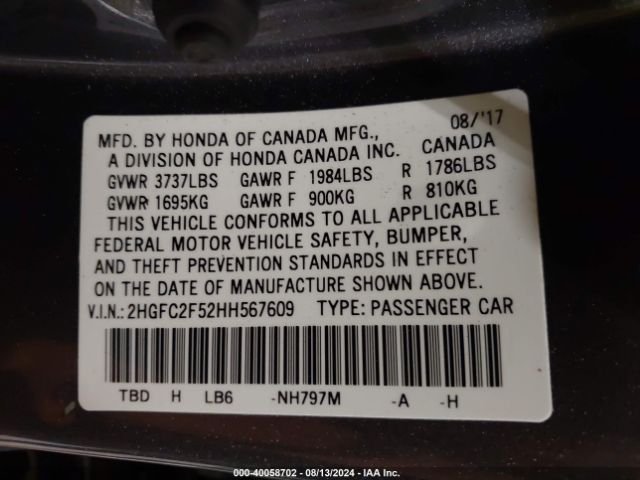 Photo 8 VIN: 2HGFC2F52HH567609 - HONDA CIVIC 