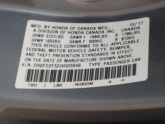 Photo 9 VIN: 2HGFC2F52JH505956 - HONDA CIVIC LX 