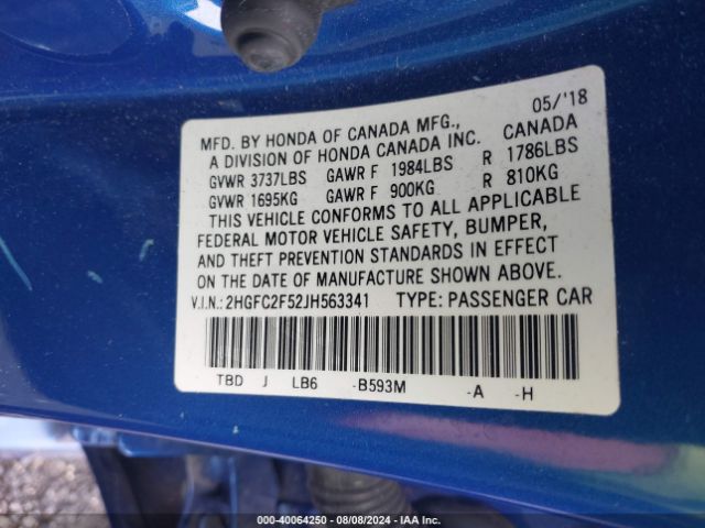 Photo 8 VIN: 2HGFC2F52JH563341 - HONDA CIVIC 