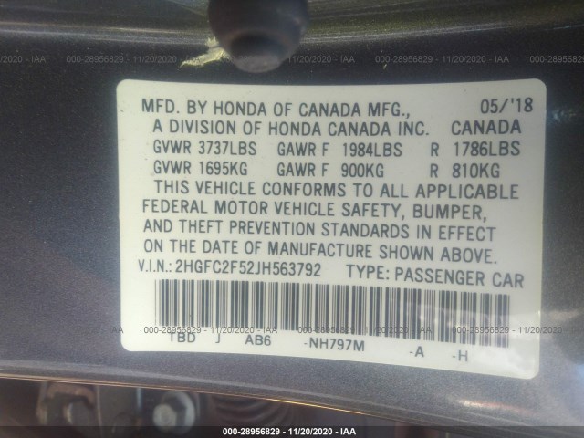 Photo 8 VIN: 2HGFC2F52JH563792 - HONDA CIVIC SEDAN 