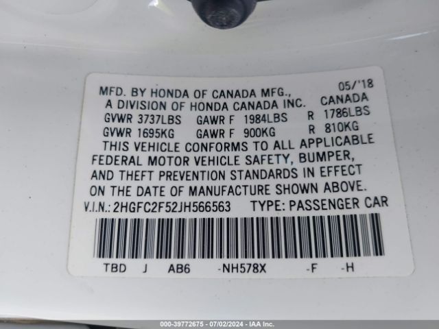 Photo 8 VIN: 2HGFC2F52JH566563 - HONDA CIVIC 