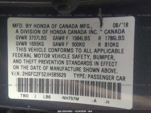 Photo 8 VIN: 2HGFC2F52JH585629 - HONDA CIVIC SEDAN 