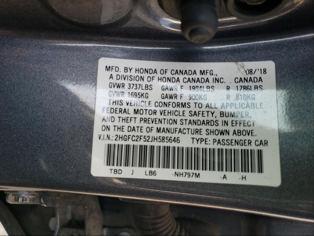 Photo 9 VIN: 2HGFC2F52JH585646 - HONDA CIVIC LX 