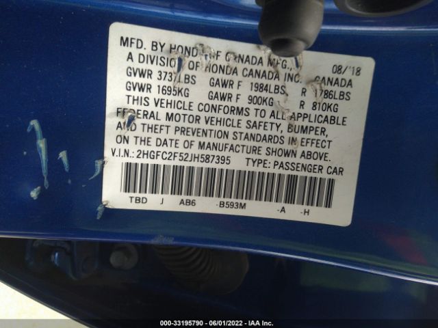 Photo 8 VIN: 2HGFC2F52JH587395 - HONDA CIVIC SEDAN 