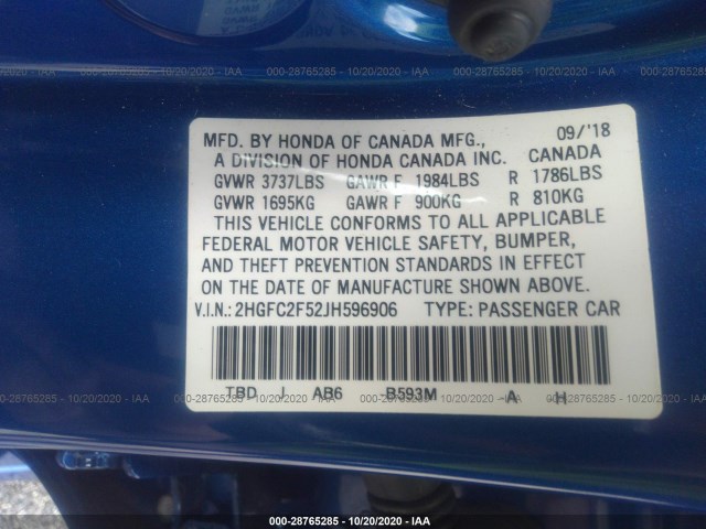 Photo 8 VIN: 2HGFC2F52JH596906 - HONDA CIVIC SEDAN 