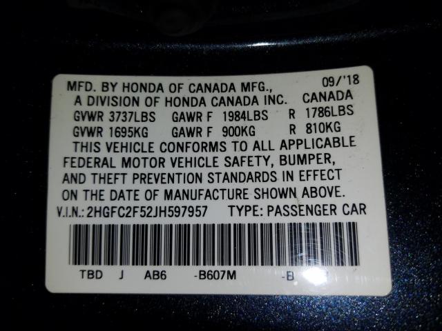 Photo 9 VIN: 2HGFC2F52JH597957 - HONDA CIVIC LX 