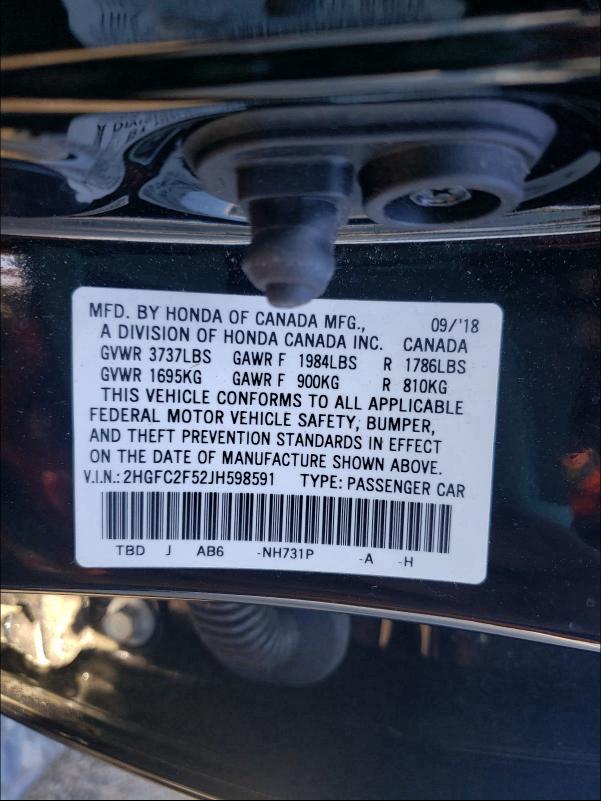 Photo 9 VIN: 2HGFC2F52JH598591 - HONDA CIVIC LX 