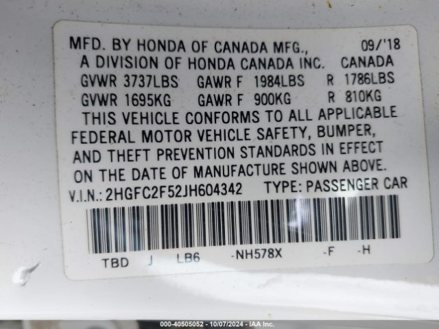 Photo 8 VIN: 2HGFC2F52JH604342 - HONDA CIVIC 