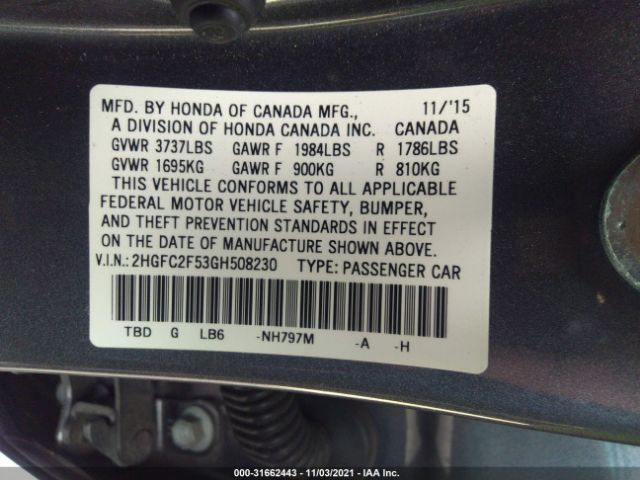 Photo 8 VIN: 2HGFC2F53GH508230 - HONDA CIVIC SEDAN 