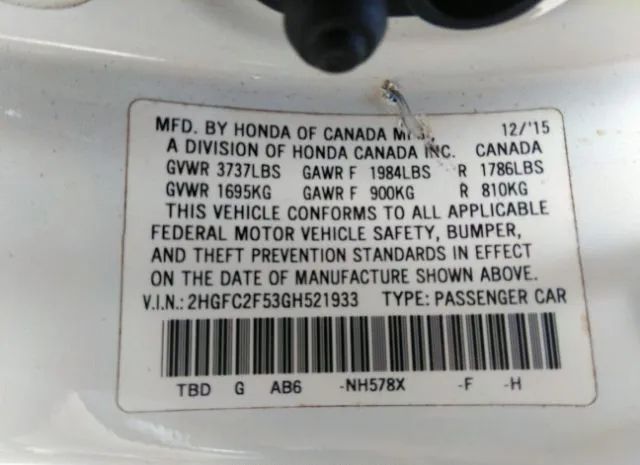 Photo 8 VIN: 2HGFC2F53GH521933 - HONDA CIVIC SEDAN 