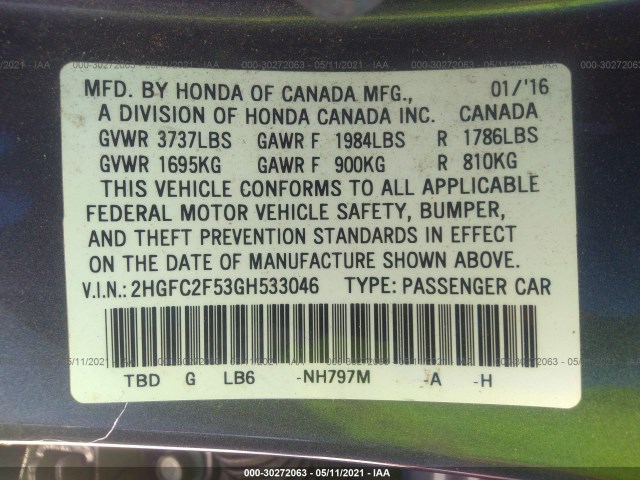 Photo 8 VIN: 2HGFC2F53GH533046 - HONDA CIVIC SEDAN 