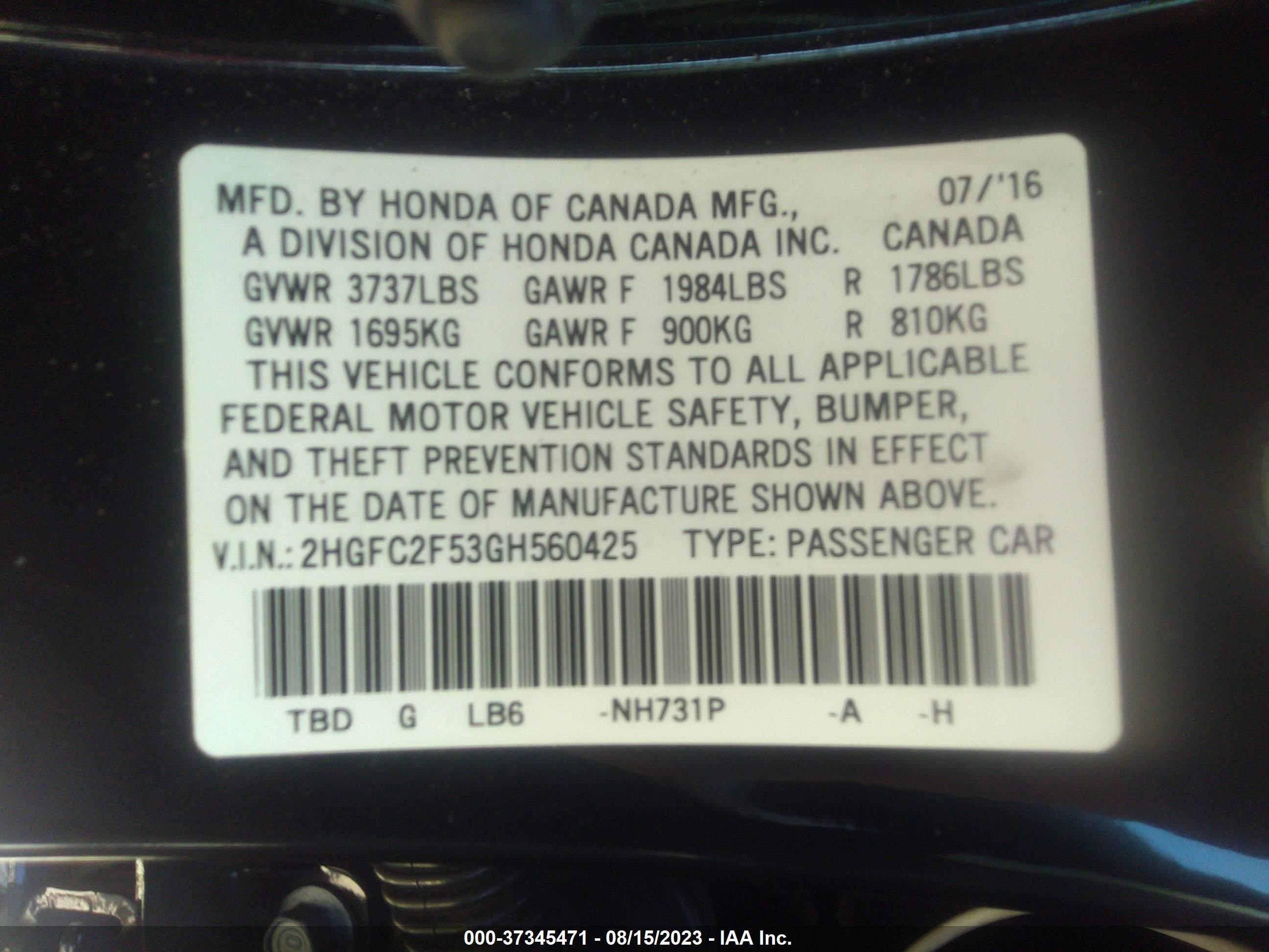 Photo 8 VIN: 2HGFC2F53GH560425 - HONDA CIVIC 