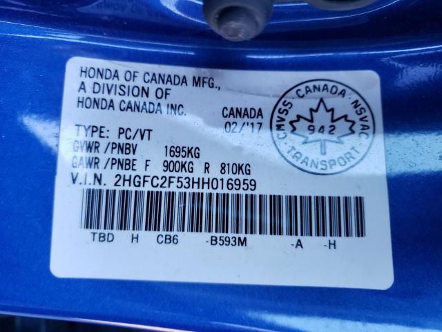 Photo 9 VIN: 2HGFC2F53HH016959 - HONDA CIVIC LX 