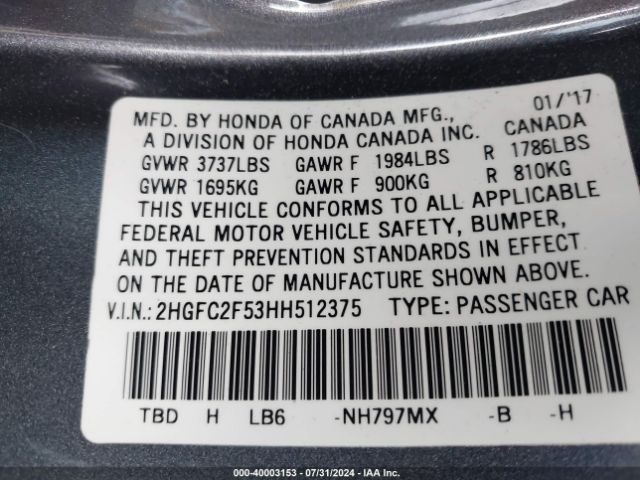 Photo 8 VIN: 2HGFC2F53HH512375 - HONDA CIVIC 