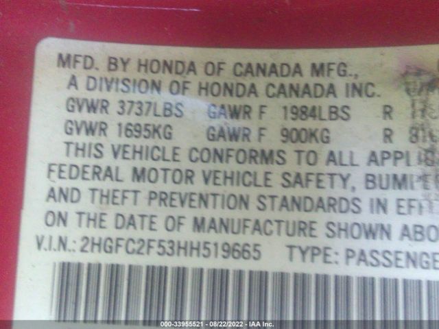 Photo 8 VIN: 2HGFC2F53HH519665 - HONDA CIVIC SEDAN 