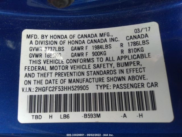 Photo 8 VIN: 2HGFC2F53HH529905 - HONDA CIVIC SEDAN 