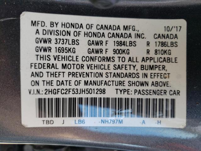 Photo 9 VIN: 2HGFC2F53JH501298 - HONDA CIVIC LX 