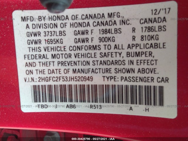 Photo 8 VIN: 2HGFC2F53JH520949 - HONDA CIVIC SEDAN 