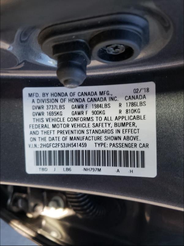 Photo 9 VIN: 2HGFC2F53JH541459 - HONDA CIVIC LX 