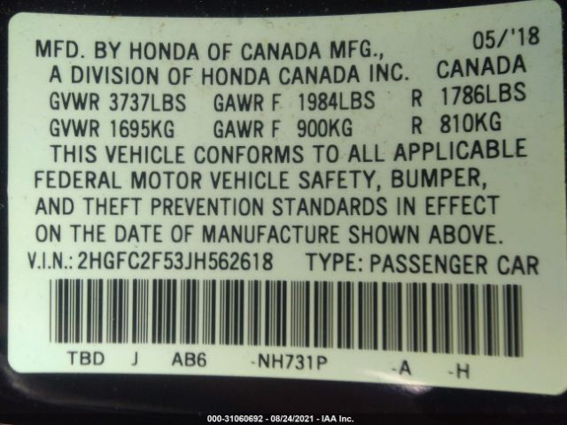 Photo 8 VIN: 2HGFC2F53JH562618 - HONDA CIVIC SEDAN 