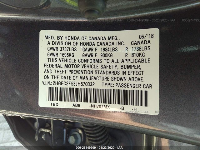 Photo 8 VIN: 2HGFC2F53JH570332 - HONDA CIVIC SEDAN 