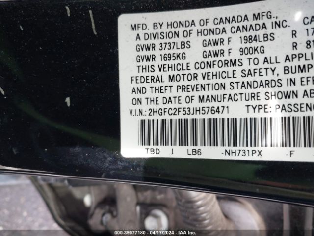 Photo 8 VIN: 2HGFC2F53JH576471 - HONDA CIVIC 