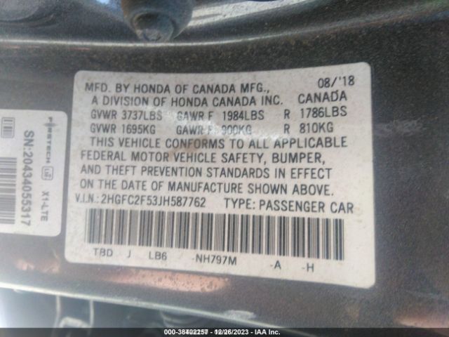 Photo 8 VIN: 2HGFC2F53JH587762 - HONDA CIVIC 