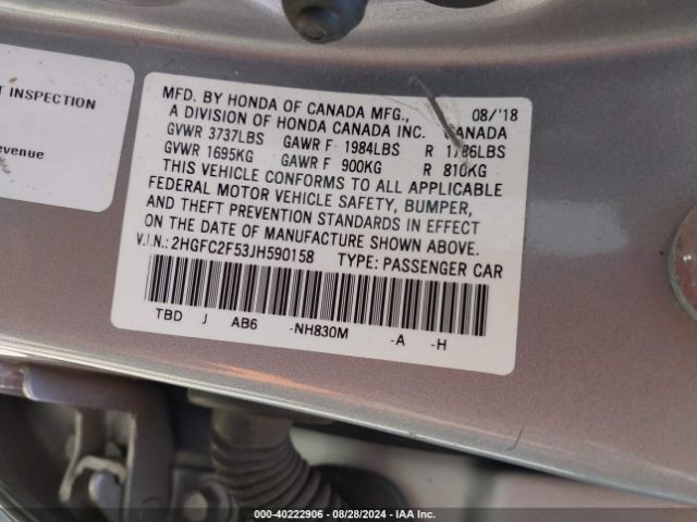 Photo 8 VIN: 2HGFC2F53JH590158 - HONDA CIVIC 