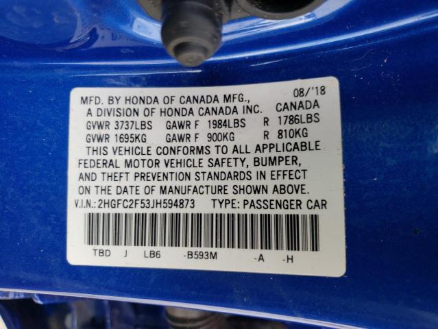 Photo 9 VIN: 2HGFC2F53JH594873 - HONDA CIVIC LX 