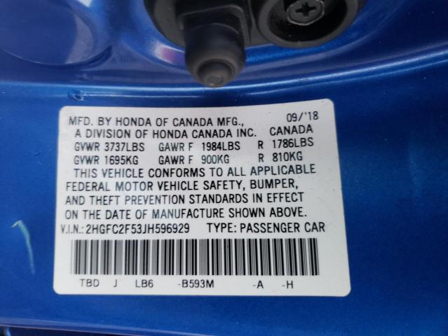 Photo 9 VIN: 2HGFC2F53JH596929 - HONDA CIVIC LX 