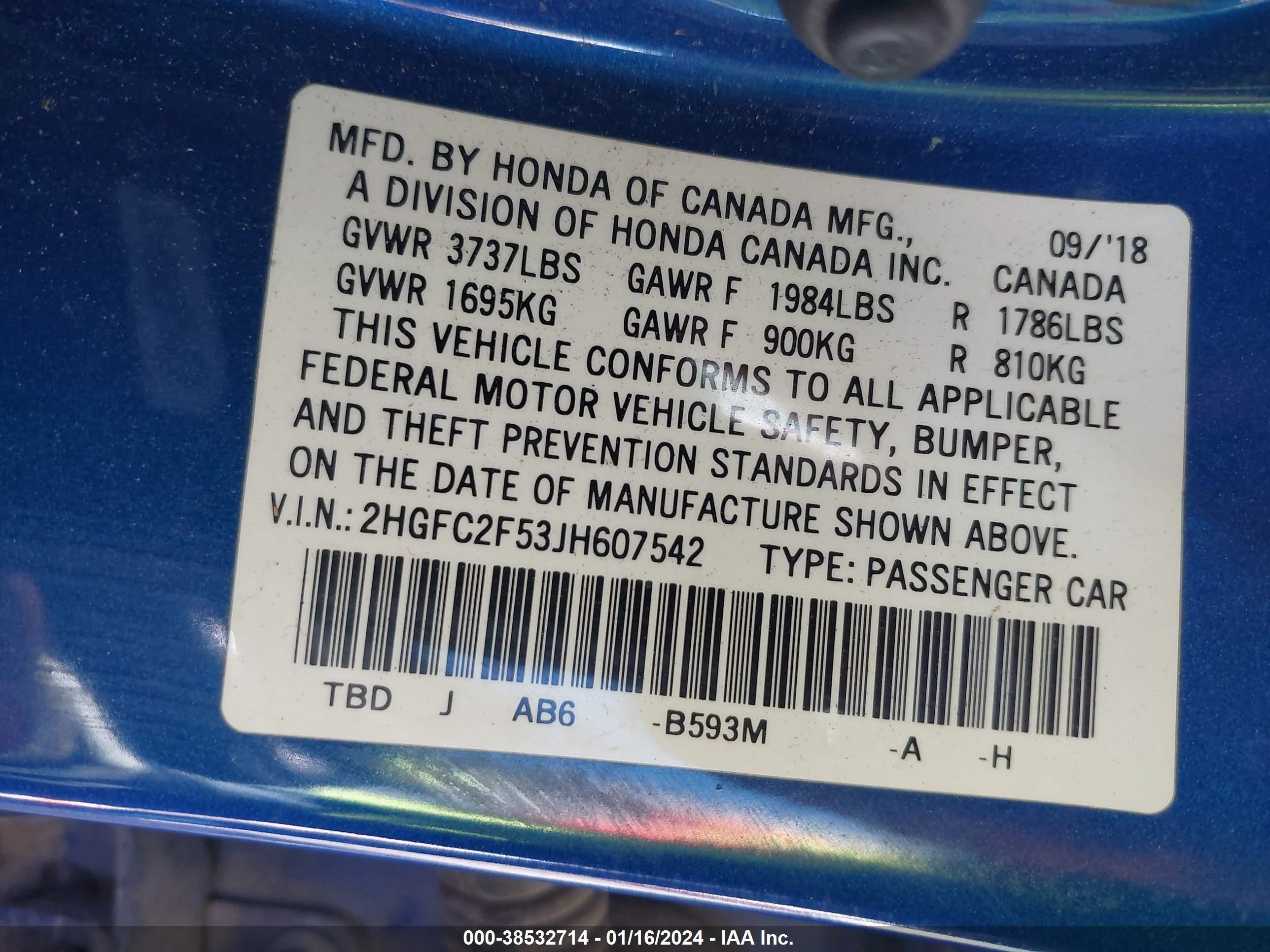 Photo 8 VIN: 2HGFC2F53JH607542 - HONDA CIVIC 