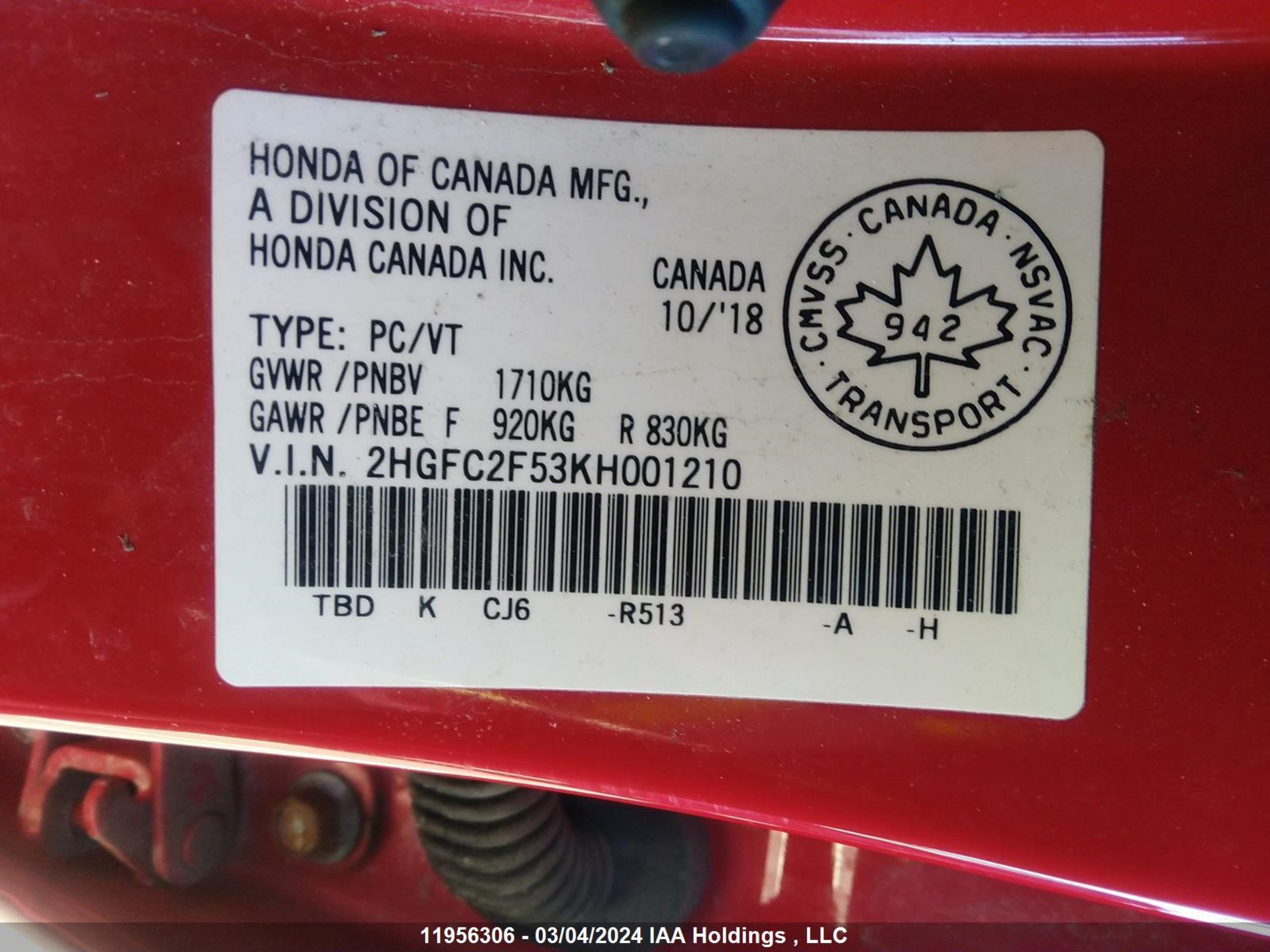 Photo 8 VIN: 2HGFC2F53KH001210 - HONDA CIVIC 