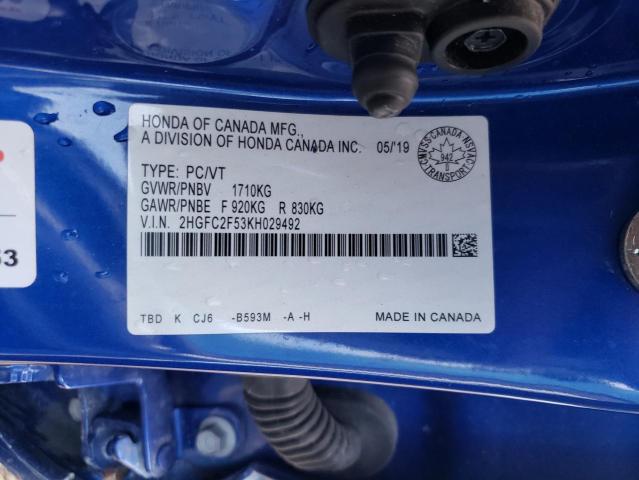 Photo 9 VIN: 2HGFC2F53KH029492 - HONDA CIVIC LX 