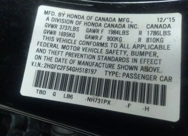 Photo 8 VIN: 2HGFC2F54GH518197 - HONDA CIVIC 