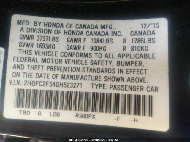 Photo 8 VIN: 2HGFC2F54GH523271 - HONDA CIVIC SEDAN 