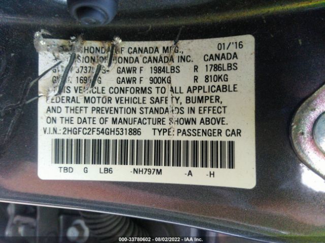 Photo 8 VIN: 2HGFC2F54GH531886 - HONDA CIVIC SEDAN 