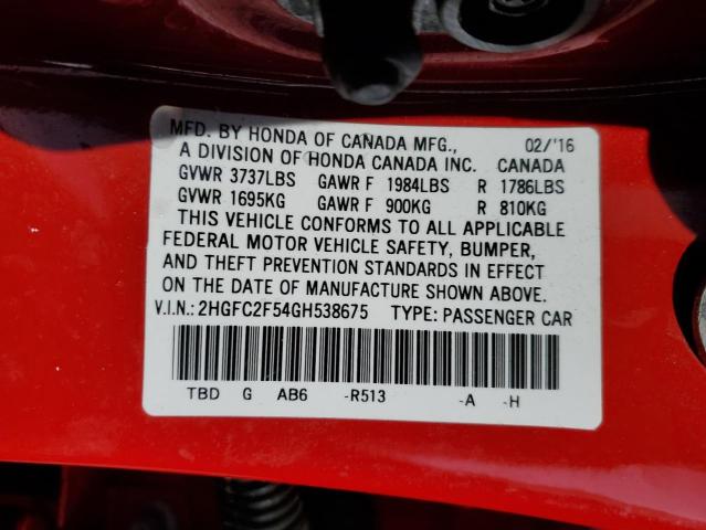 Photo 11 VIN: 2HGFC2F54GH538675 - HONDA CIVIC LX 