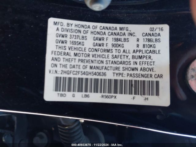 Photo 8 VIN: 2HGFC2F54GH540636 - HONDA CIVIC 